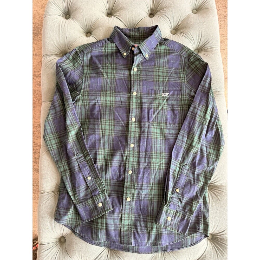 Vineyard Vines Tucker Shirt Mens Small Blue Green Plaid Button Down Long Sleeve